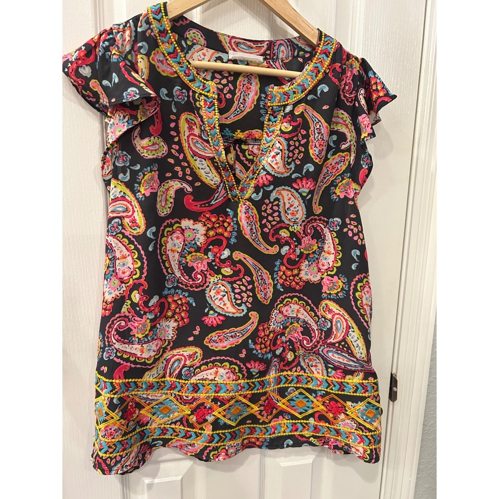 Emily Wonder Paisley‎ Embroidered Split Neck Flutter Sleeve Blouse Black Large